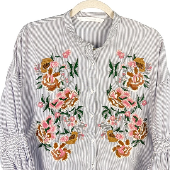 Zara Floral Embroidered Striped Button Down Cropped Shirt Size Large Casual - Picture 3 of 10